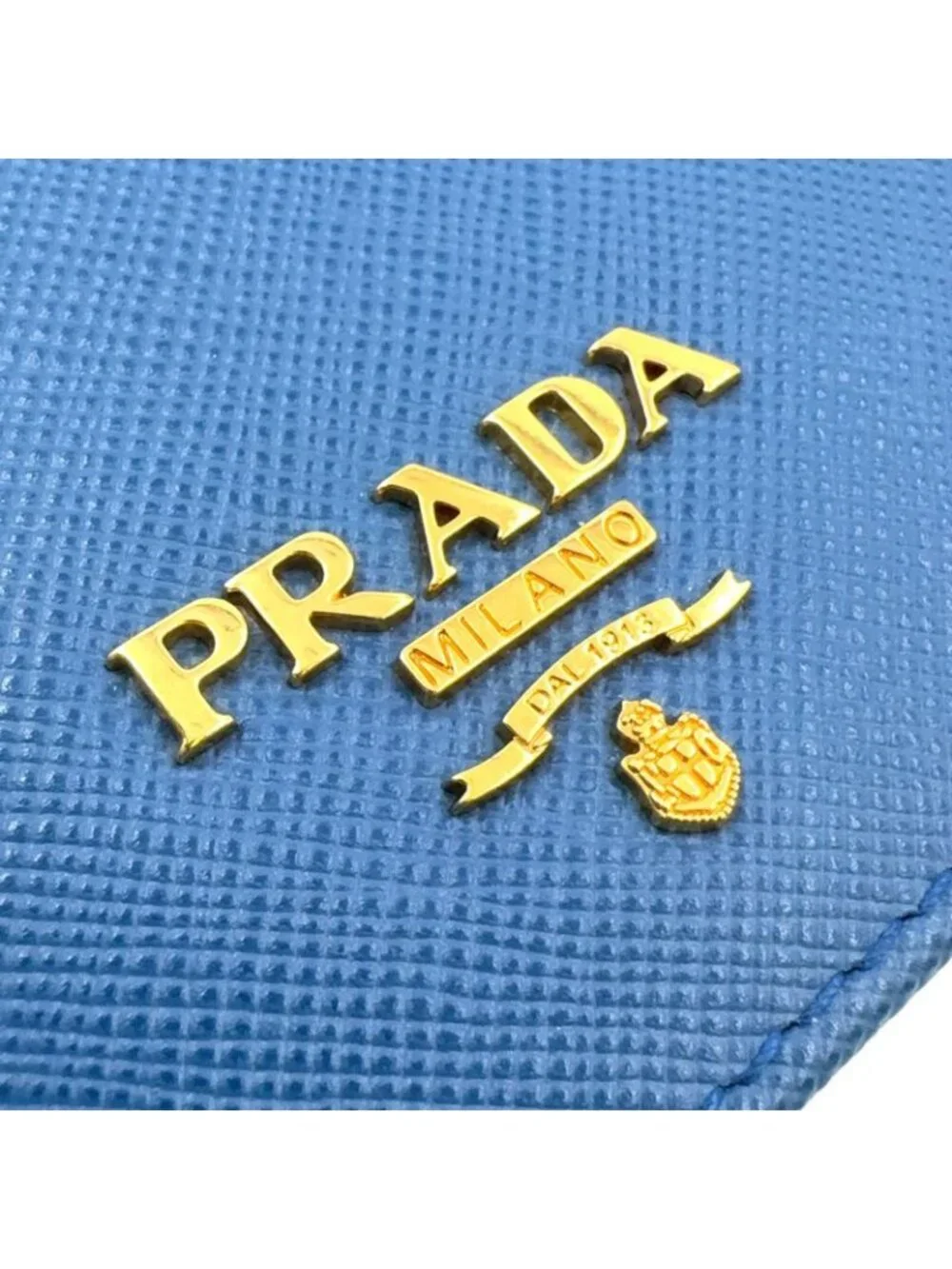Prada Saffiano Metal Logo Leather Blue Card Case Gold - Picture 6 of 13